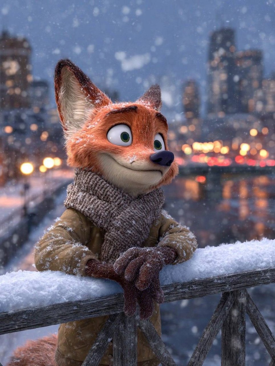 Anthropomorphic Fox Character in Winter Scene