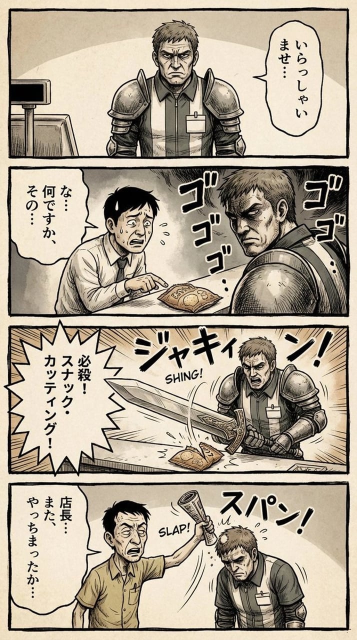 Vertical 4-panel gekiga-style manga YAML prompt - AI generated image using Nano Banana Pro prompt