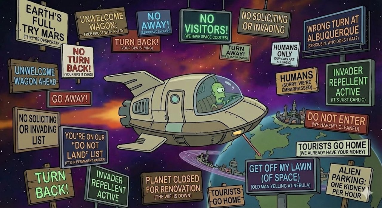 Futurama-style spaceship and warning signs