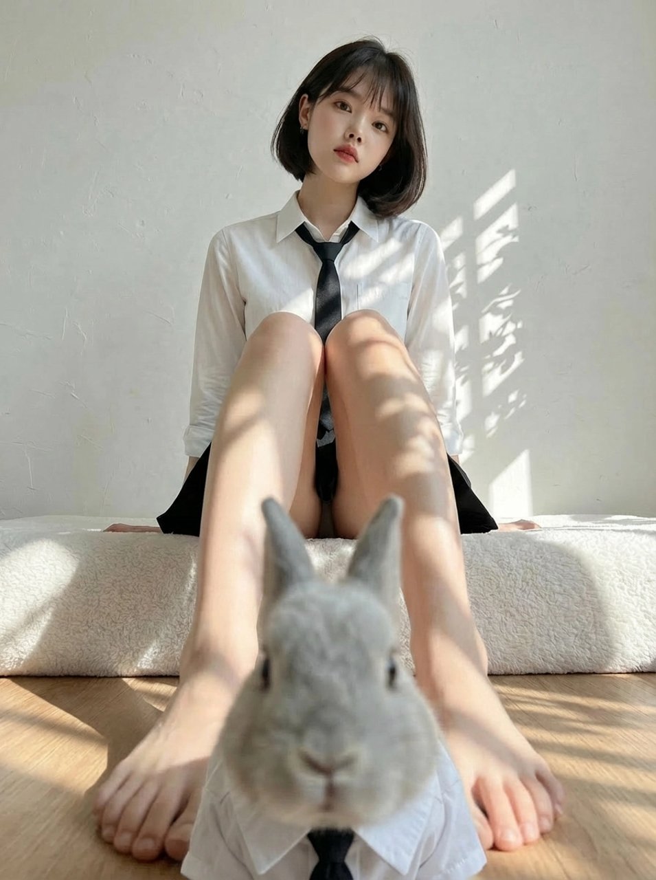 Rabbits wearing identical clothes