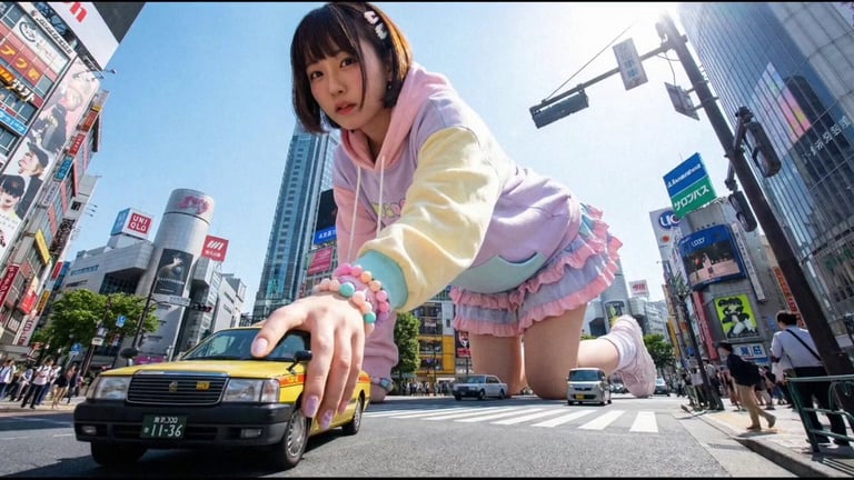 Photorealistic colossal ginger tabby cat in Tokyo at dawn