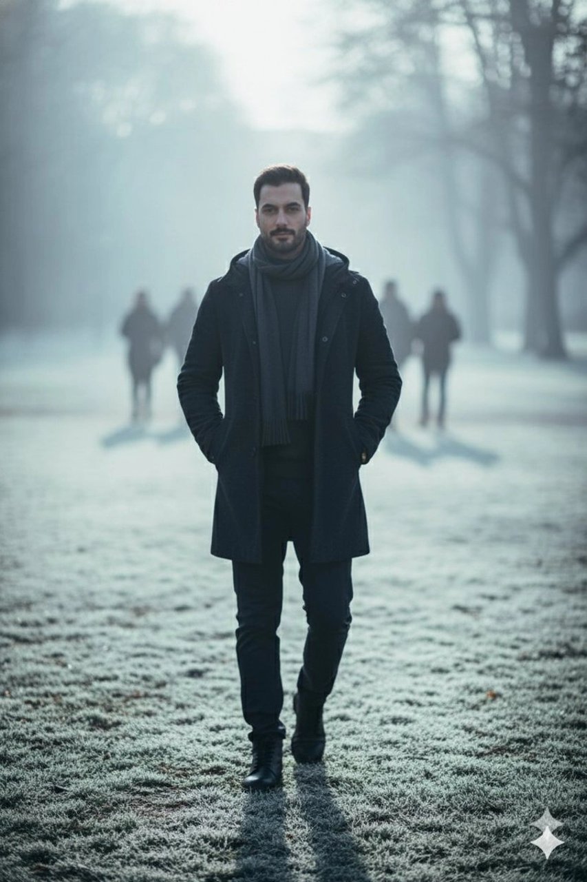 Hyperreal winter park walk portrait - AI generated image using Nano Banana Pro prompt