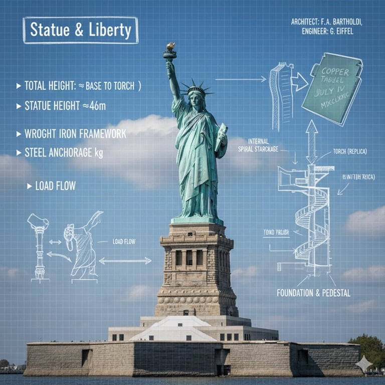 Landmark infographic with blueprints