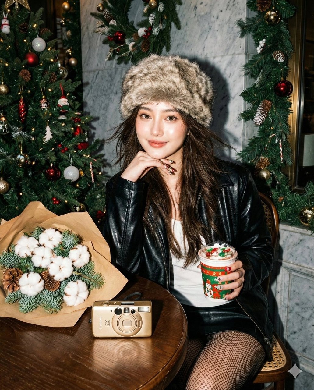 Y2K Flash Portrait in Christmas Café Prompt