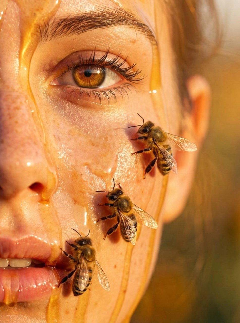 Hyper-real honey-covered woman with bees close-up - AI generated image using Nano Banana Pro prompt