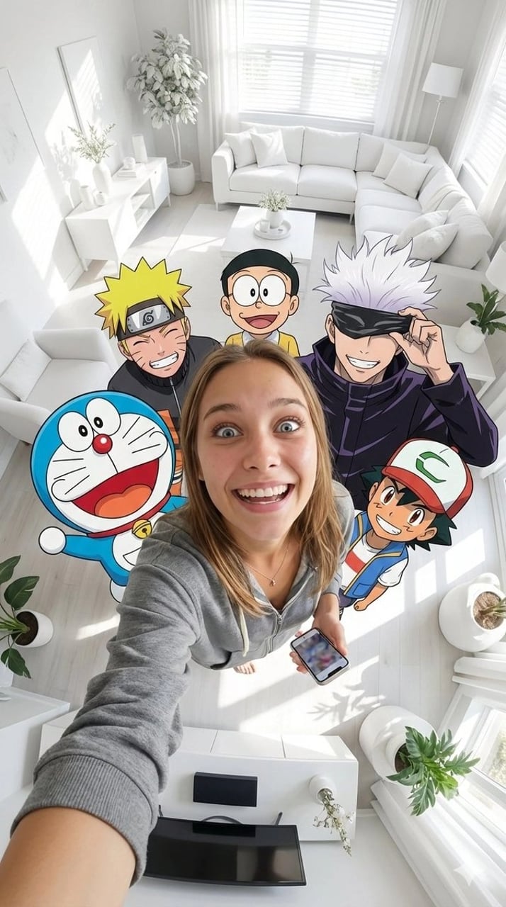 Fisheye selfie with anime characters