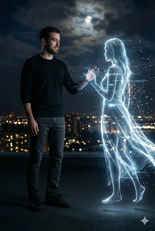 Cinematic Night Rooftop Scene with Hologram