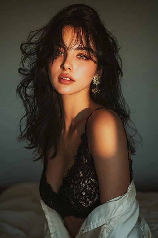 Golden hour portrait of a woman in black lace dress