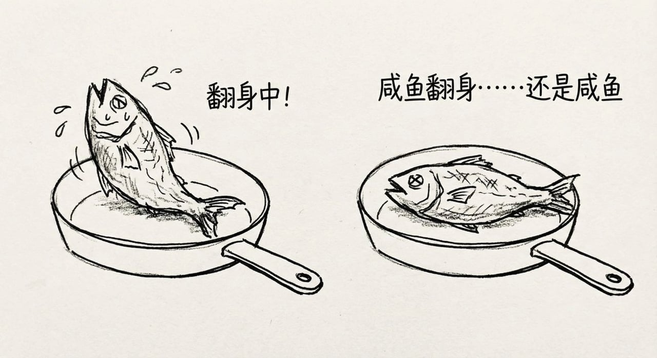Salted fish trying to flip in a pan
