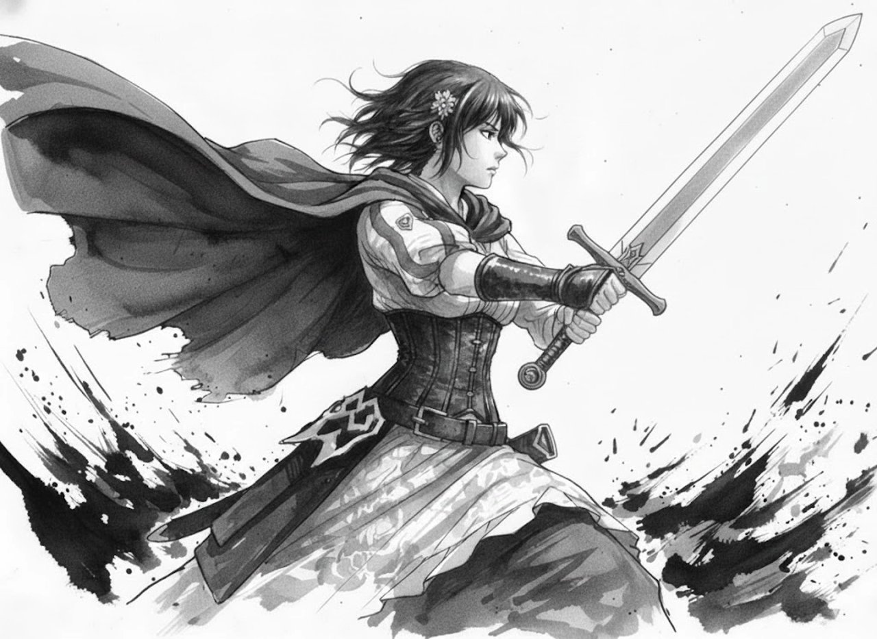 Ink painting style Abé-chan with a sword