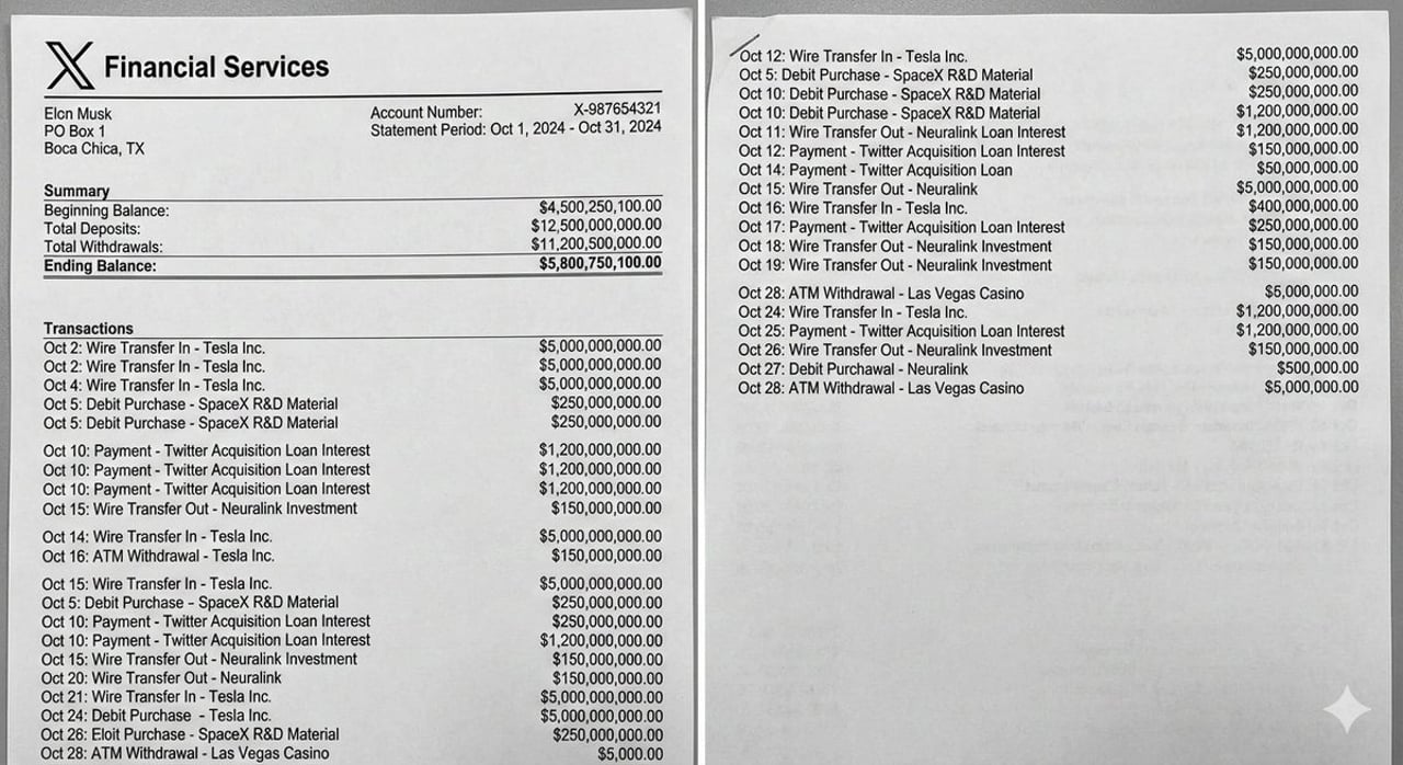 Elon Musk bank statement mockup