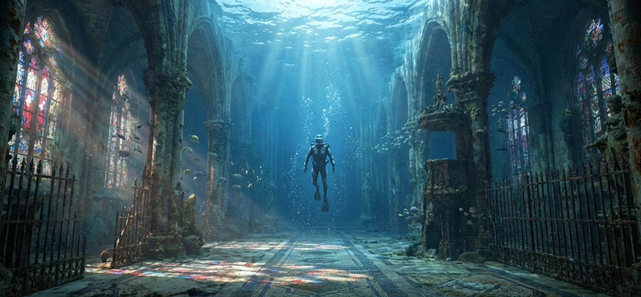Cinematic rainy street, underwater cathedral, and design-to-photo - AI generated image using Nano Banana Pro prompt