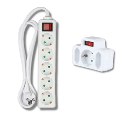 SKU 8830 - - Adattatore Multipresa con 2 Prese Laterali 10/16A Bipasso e 1  Frontale 10/16A Bipasso + Schuko con Interruttore Luminoso e 2 Porte di  Ricarica USB-A 2.1A Spina 16A 2P+T Colore Bianco