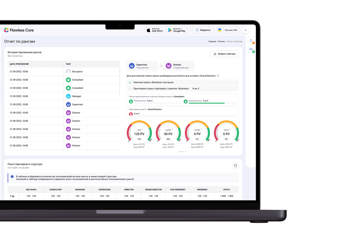 МЛМ отчеты по бонусам, рангам и объемам