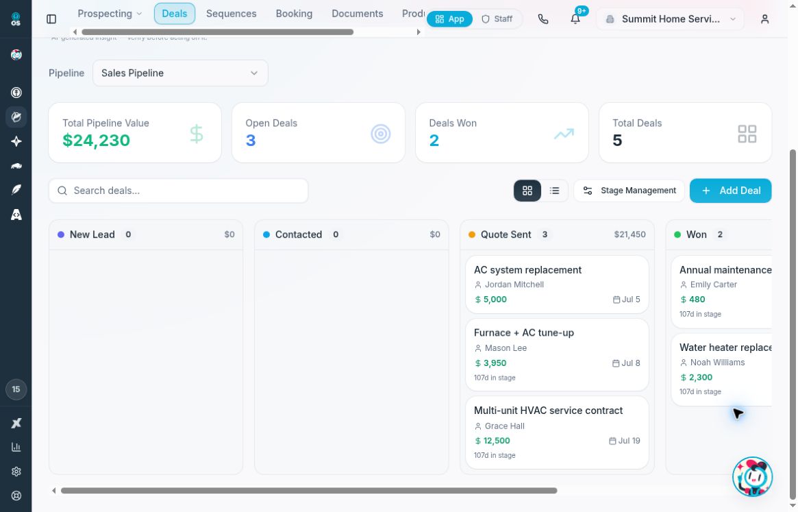 LeadSprout deal pipeline board with stages in the WundertreOS Summit demo account