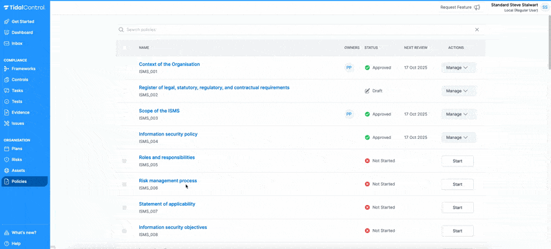 Policy center interface