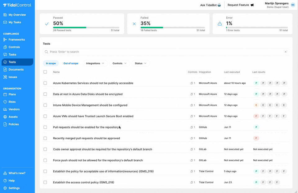 Enhanced Tests interface with filters