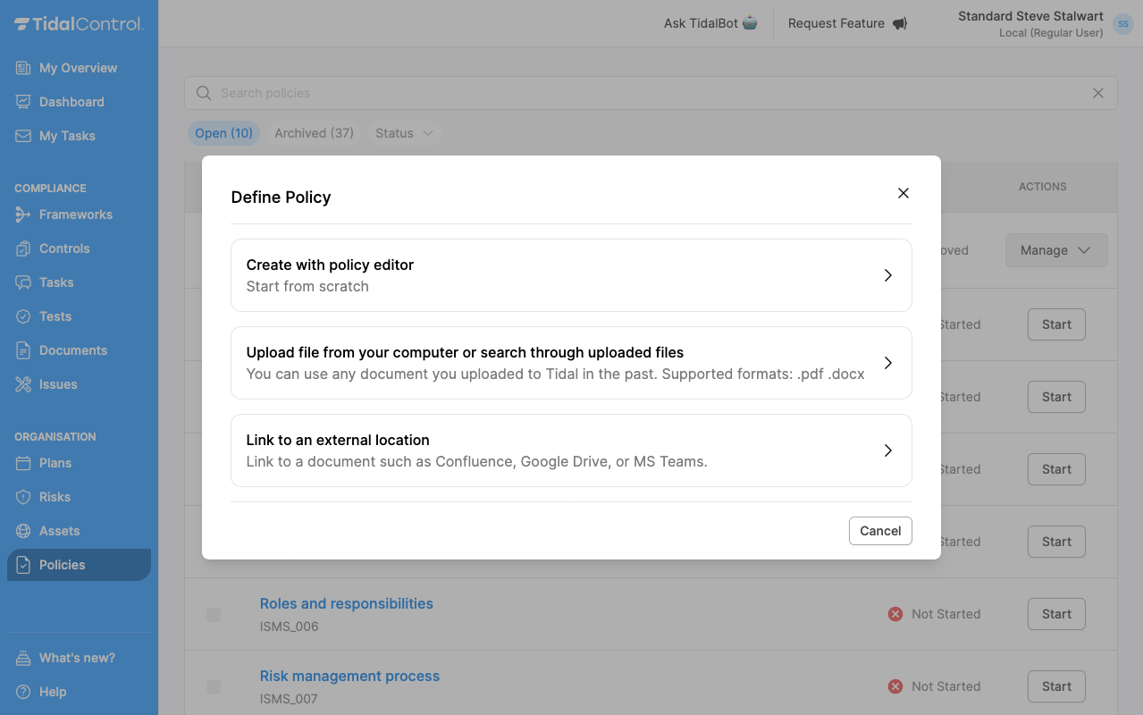 Start policy options