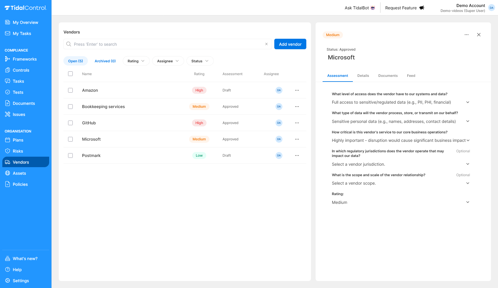 Vendor Assessment Tab