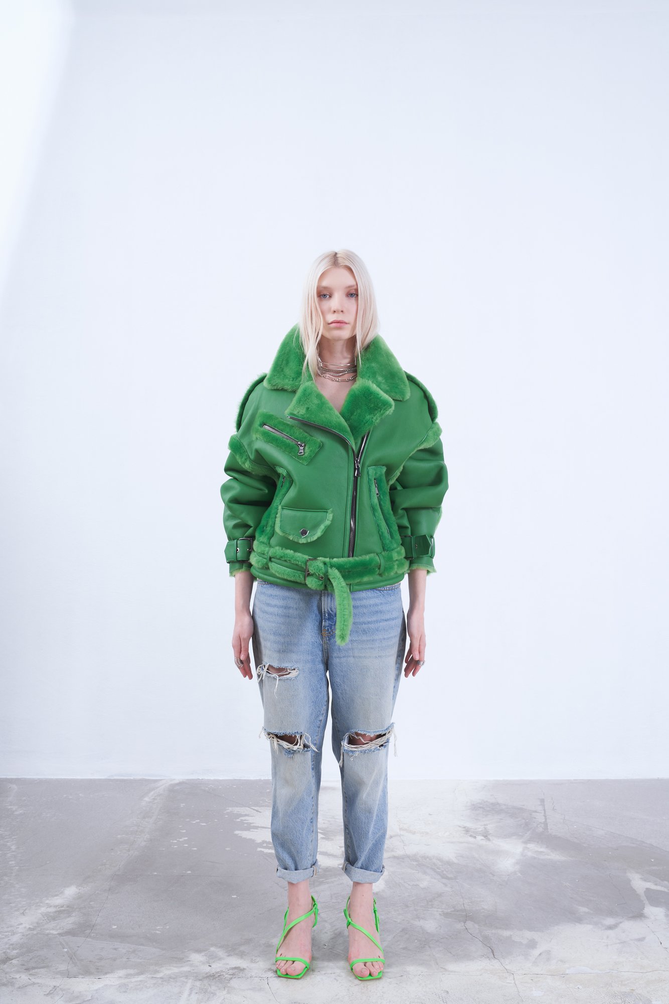 Vibrant Green Shearling Aviator Jacket - Quality Leather Product Manufactured By Drejani̇. Contact For B2B Orders.