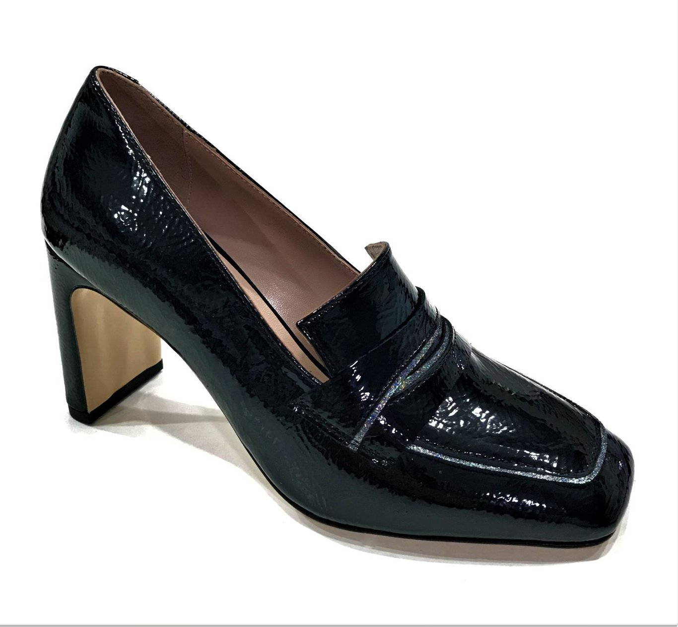 Elegant Square Toe Patent Leather Heeled Loafer - Quality Leather Product Manufactured By Azra Ayakkabı. Contact For B2B Orders.
