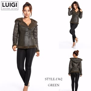 Chic Women's Khaki Shearling Quilted Leather Jacket - Quality Leather Product Manufactured By Luigi Leather & Fur. Contact For B2B Orders.