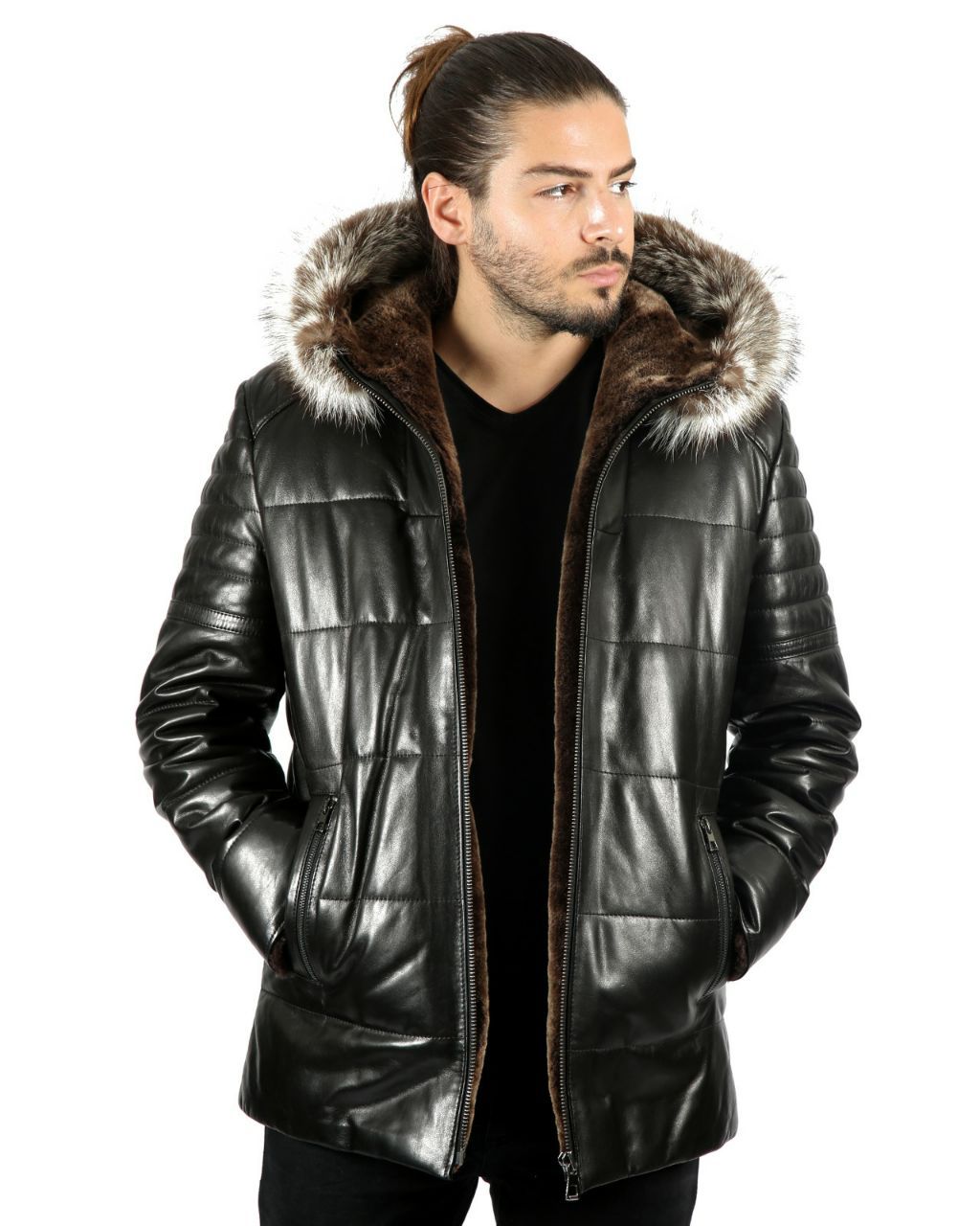 Herren Schwarze Gesteppte Lederjacke Mit Kapuze - Qualitatives Lederprodukt Hergestellt Von Baymod Deri A.ş. Kontakt Für B2B-Bestellungen.
