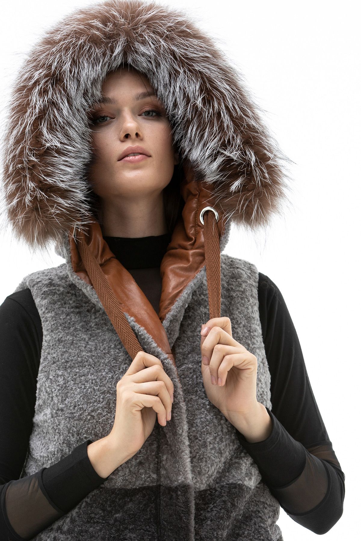 Elegant Two Tone Grey Shearling Vest With Fur Hood