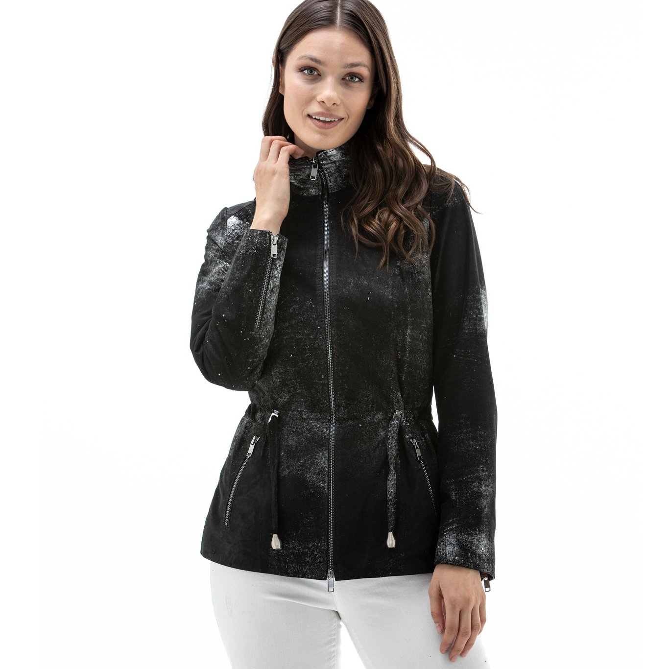 Ladies printed suede lamb leather jacket.