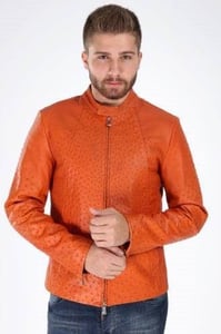 Men Orange Ostrich Leather Modern Jacket - Quality Leather Product Manufactured By Tess Dis Tic.ltd.sti. Contact For B2B Orders.
