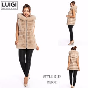 Womens Beige Hooded Luxury Fur Vest Elegance - Quality Leather Product Manufactured By Luigi Leather & Fur. Contact For B2B Orders.