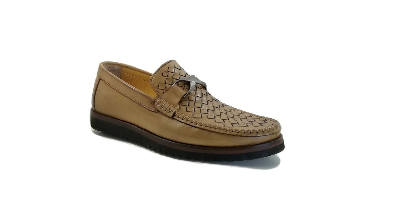 Mens Beige Woven Leather Sophisticated Moccasin