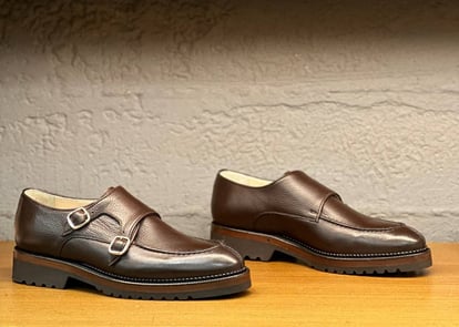 Rich Brown Pebbled Leather Double Monk Shoes - Quality Leather Product Manufactured By Molyer Ayakkabicilik Ve Deri̇ San. Ve Ti̇c.ltd.şti̇. Contact For B2B Orders.