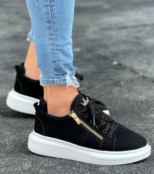 Chunky Suede Sneakers Gold Zipper Designer Shoes Black - Turkish Shoes