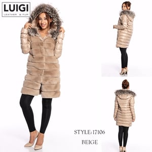 Elegant Beige Fur Panel Hooded Jacket - Quality Leather Product Manufactured By Luigi Leather & Fur. Contact For B2B Orders.