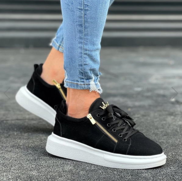 Chunky Suede Sneakers Gold Zipper Designer Shoes Black