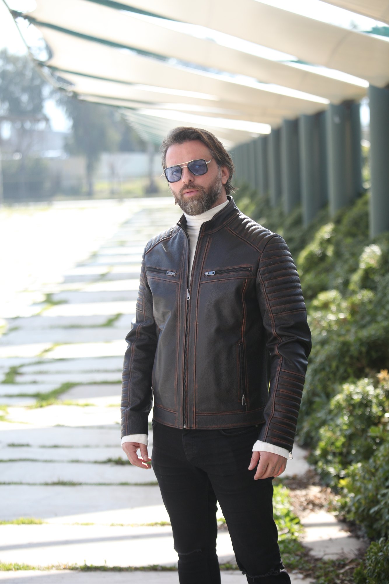 Mens Distressed Brown Leather Biker Jacket - Quality Leather Product Manufactured By Akıcı Deri Konfeksiyon San. Ve Tic. Ltd. Şti.. Contact For B2B Orders.