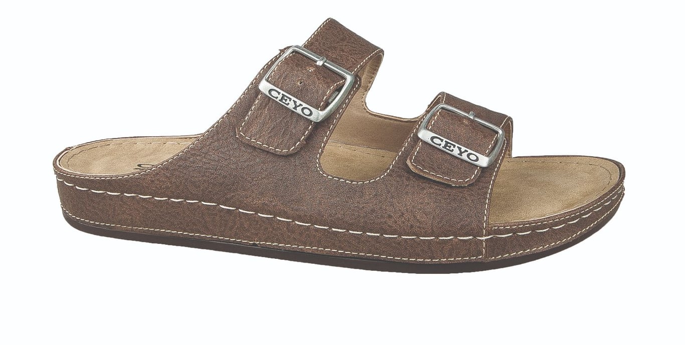 Brown Textured Leather Double Buckle Slides