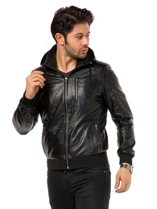 Men's Hooded Black Lambskin Leather Jacket - Quality Leather Product Manufactured By Greyder Deri̇ San Ve Ti̇c Ltd. Contact For B2B Orders.