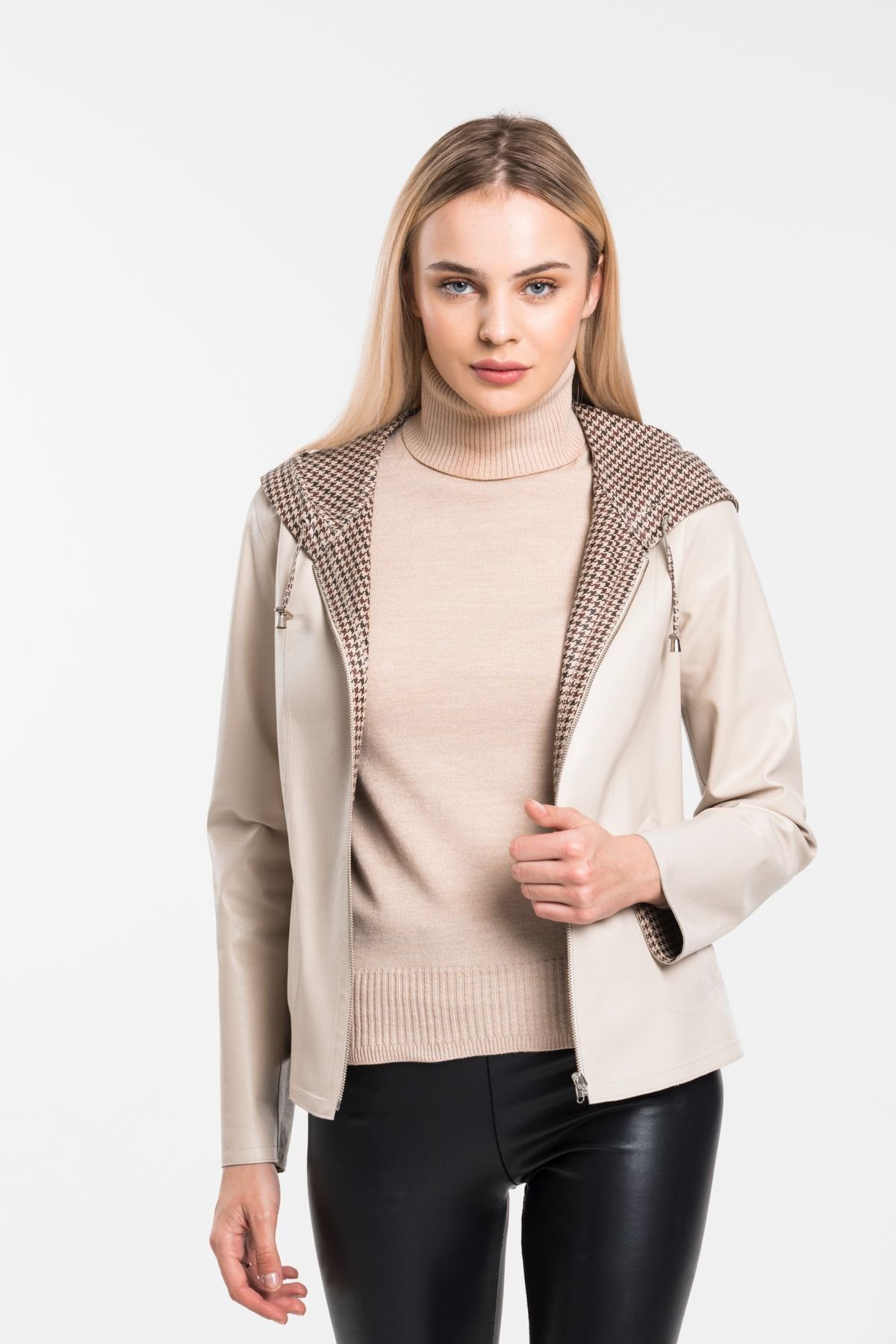 Chic Hooded Goat Leather Jacket Design - Turkish Leather