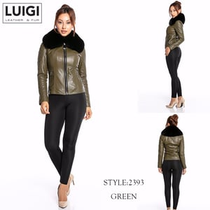Women's Chic Olive Leather Fur Collar Jacket - Quality Leather Product Manufactured By Luigi Leather & Fur. Contact For B2B Orders.