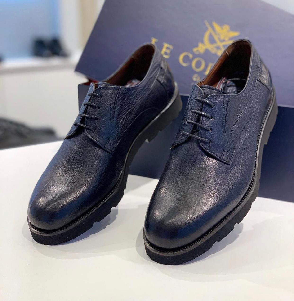 Men's Navy Leather Derby Shoes With Grained Detail - Quality Leather Product Manufactured By Deva Ayakkabi San Ve Tic Ltd Sti. Contact For B2B Orders.