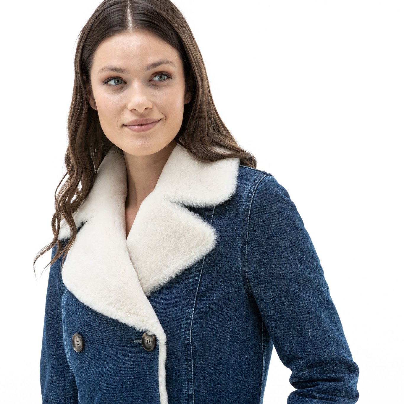 Chic Double Breasted Denim Jacket With Shearling Collar - Quality Leather Product Manufactured By Simge Deri Tekstil San. Tic. Ltd. Şti. Contact For B2B Orders.