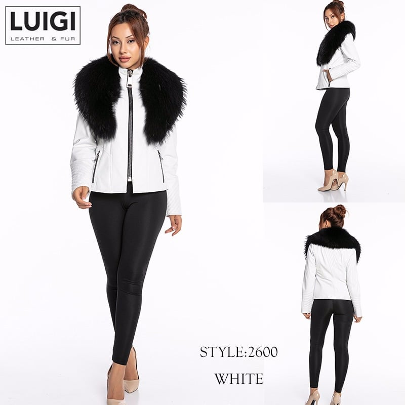 Chic White Lambskin Leather Fur Collar Jacket - Quality Leather Product Manufactured By Luigi Leather & Fur. Contact For B2B Orders.