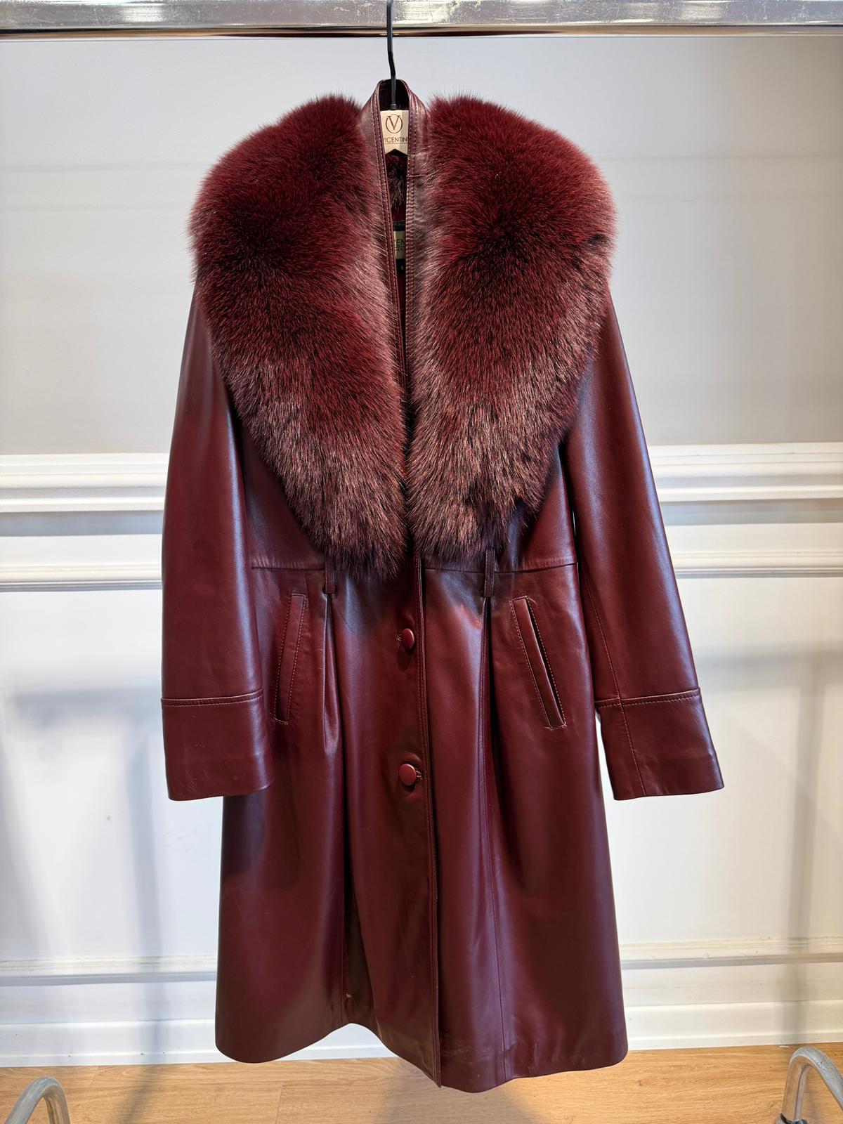 Elegant Burgundy Leather Fur Collar Coat