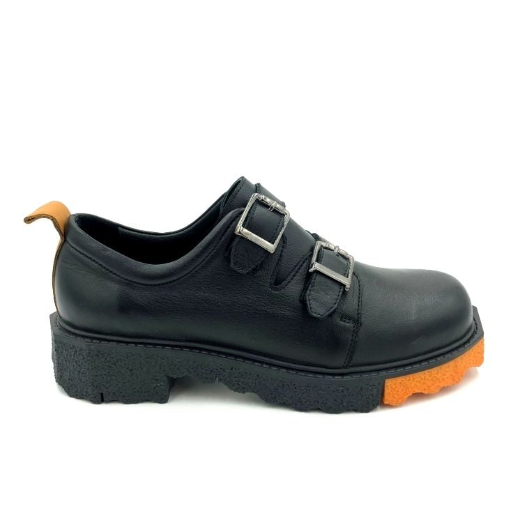 Black Leather Double Buckle Platform Shoe - Quality Leather Product Manufactured By Görkem Bi̇lgi̇n Ayakkabi Ti̇c. Ltd. Şti̇.. Contact For B2B Orders.