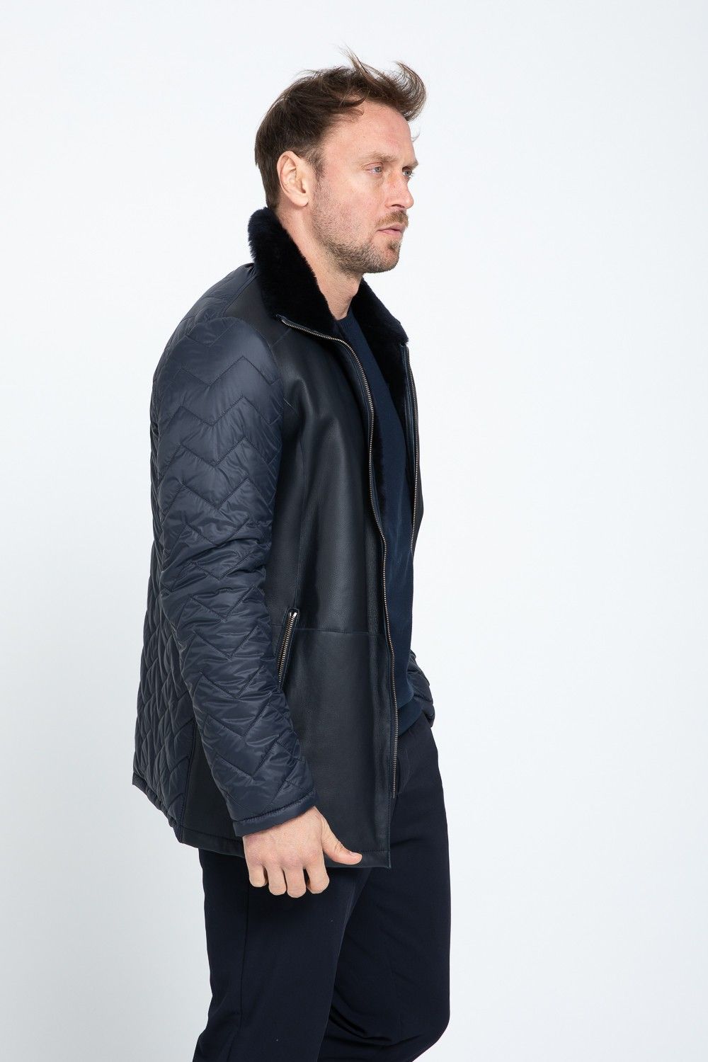 Navy Lambskin Quilted Detail Mens Jacket - Turkish Leather