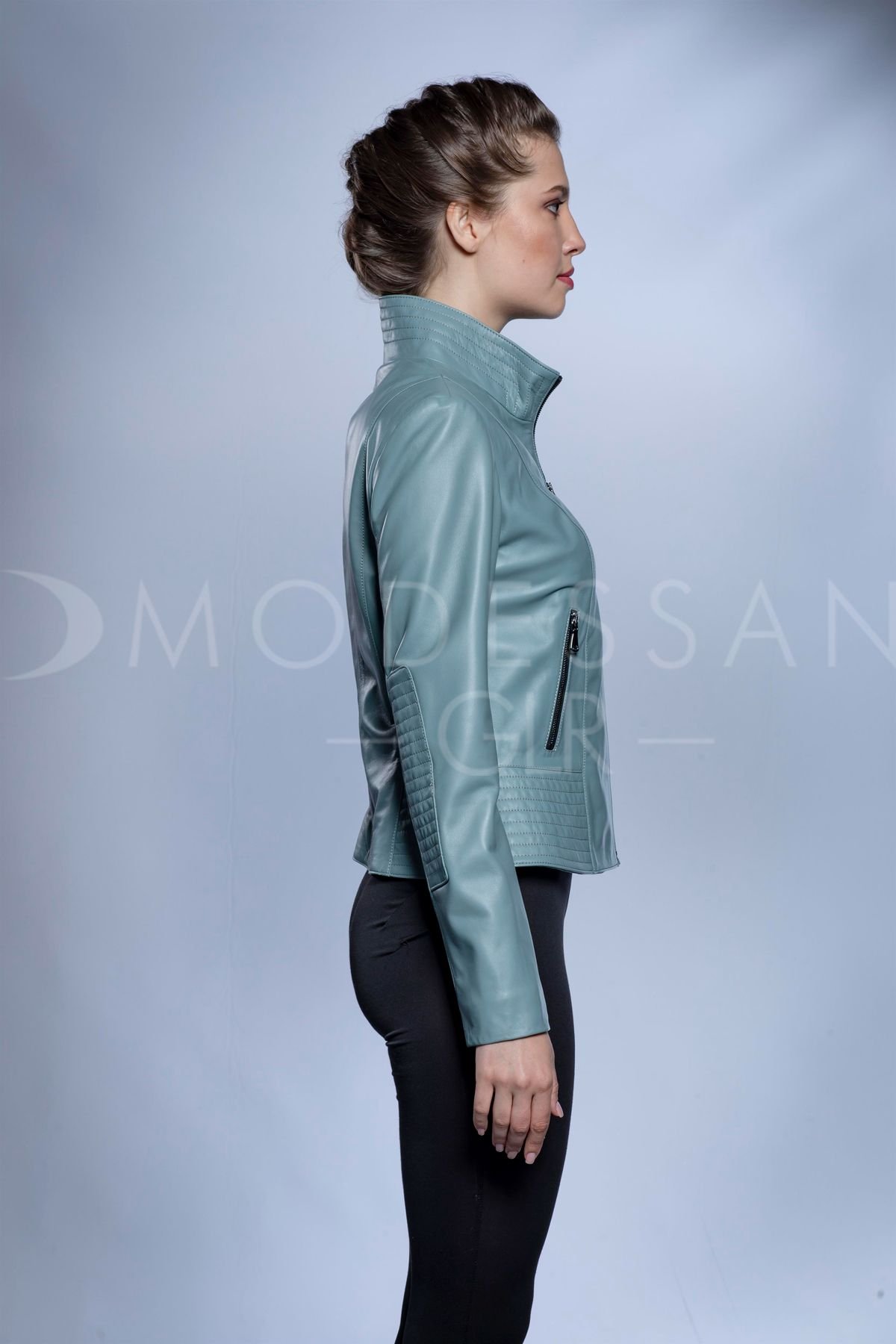 Design Stitched Collar And Hem Fitted Leather Jacket