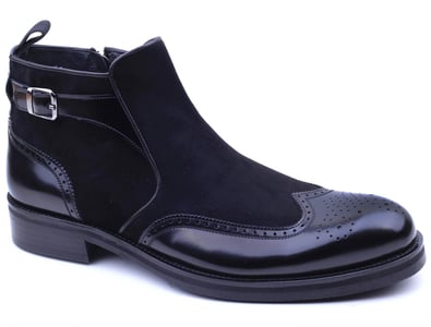 Elegante Schwarze Veloursleder Glattleder Brogue Stiefel - Qualitatives Lederprodukt Hergestellt Von Polat Ayakkabi Saraci̇ye Ürünleri̇ San. Ve Ti̇c. Ltd. Şti̇.. Kontakt Für B2B-Bestellungen.