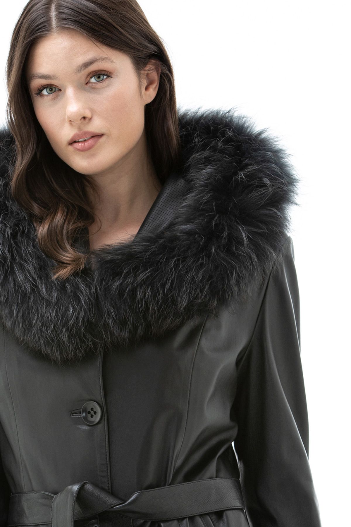 Ladies lamb leather coat w/fox trim.